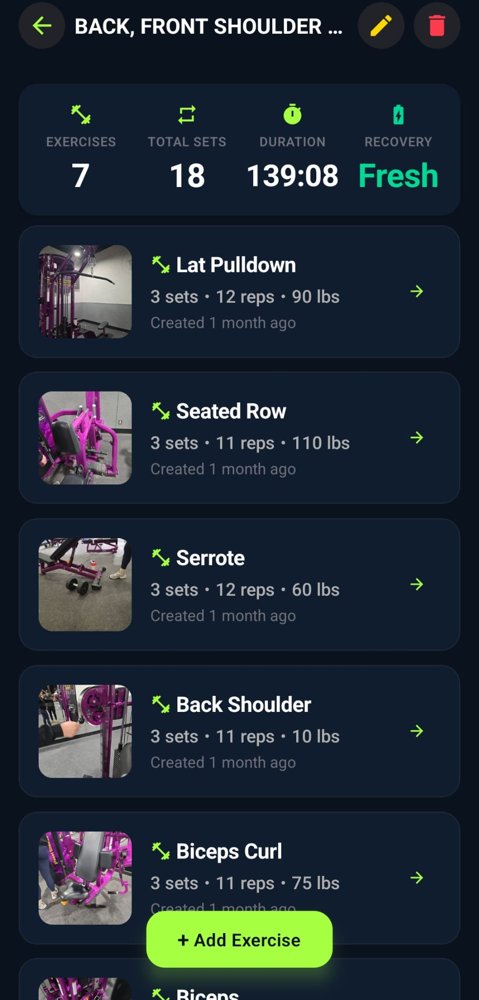 Volum workout screen showing Back and Front Shoulder routine with 7 exercises, sets, reps, and weight for each